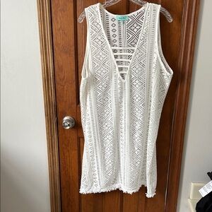 Women’s White Coverup Crochet Swim Size XL Boho